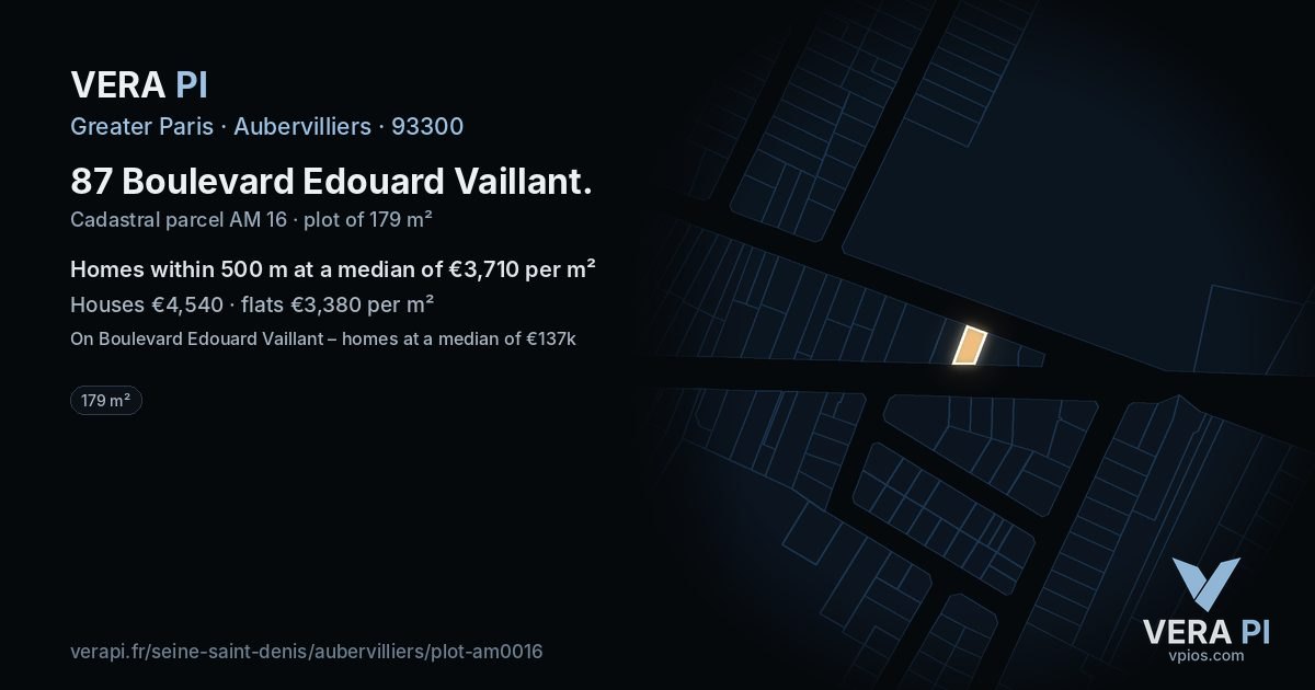 87 Boulevard Edouard Vaillant, Aubervilliers at night – the plot lit, the parcels around coloured by the prices near them