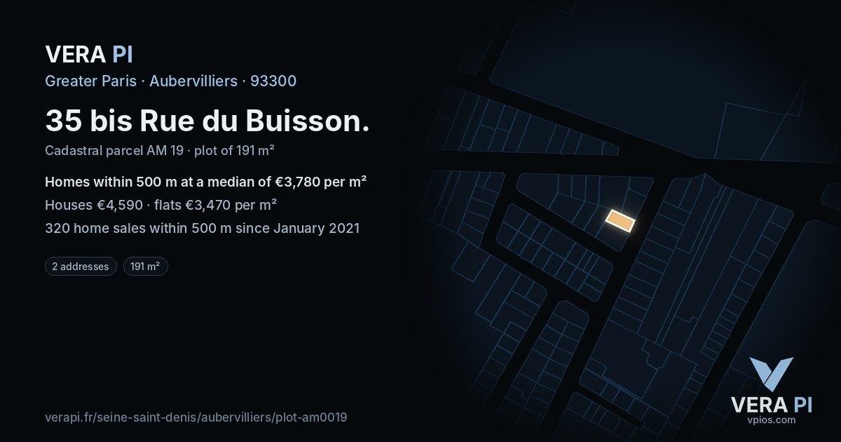 35 bis Rue du Buisson, Aubervilliers at night – the plot lit, the parcels around coloured by the prices near them
