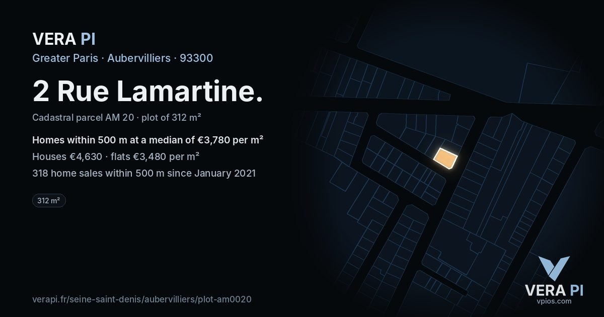 2 Rue Lamartine, Aubervilliers at night – the plot lit, the parcels around coloured by the prices near them
