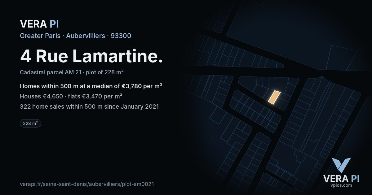4 Rue Lamartine, Aubervilliers at night – the plot lit, the parcels around coloured by the prices near them