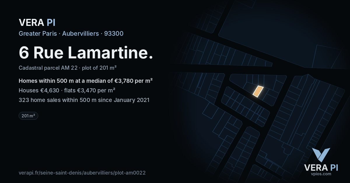 6 Rue Lamartine, Aubervilliers at night – the plot lit, the parcels around coloured by the prices near them