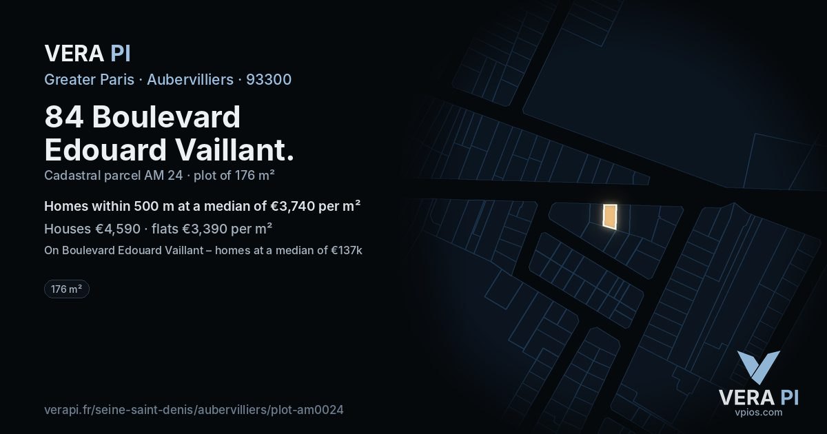84 Boulevard Edouard Vaillant, Aubervilliers at night – the plot lit, the parcels around coloured by the prices near them