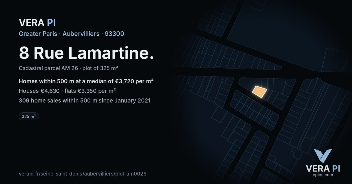 8 Rue Lamartine, Aubervilliers at night – the plot lit, the parcels around coloured by the prices near them