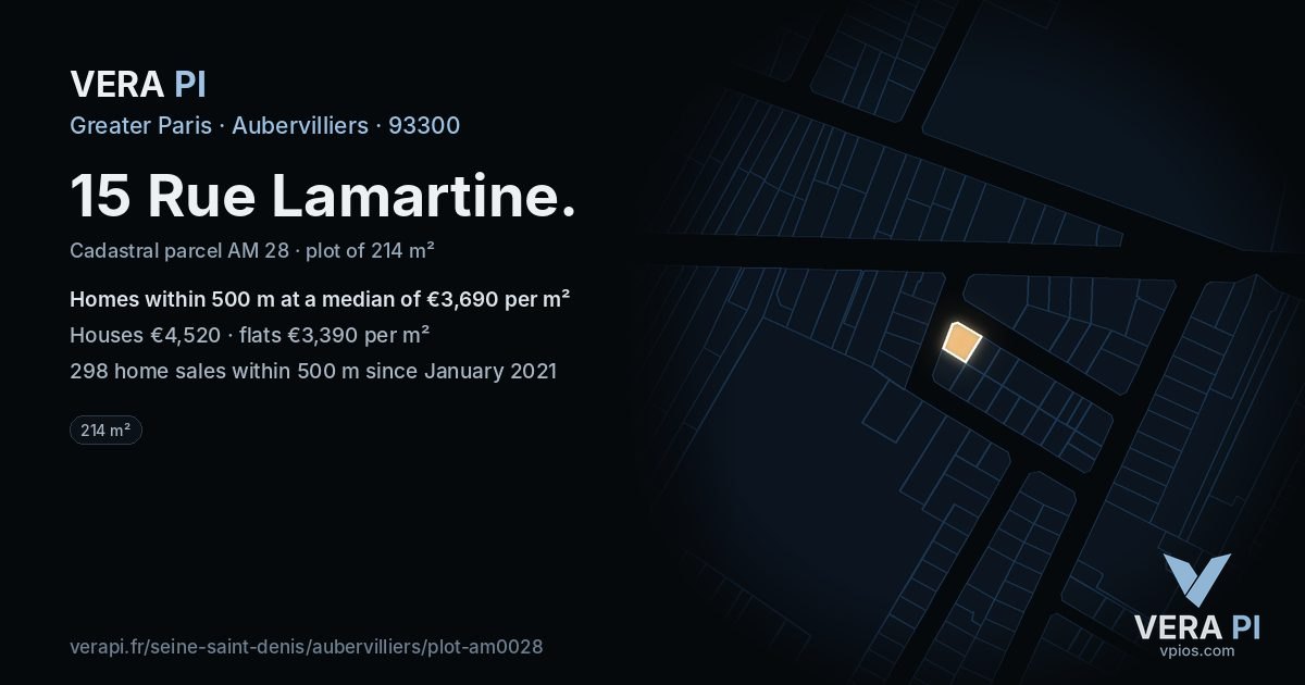 15 Rue Lamartine, Aubervilliers at night – the plot lit, the parcels around coloured by the prices near them