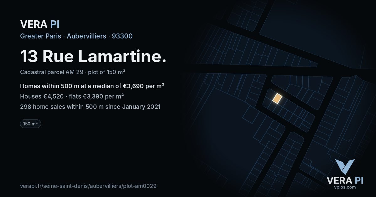 13 Rue Lamartine, Aubervilliers at night – the plot lit, the parcels around coloured by the prices near them