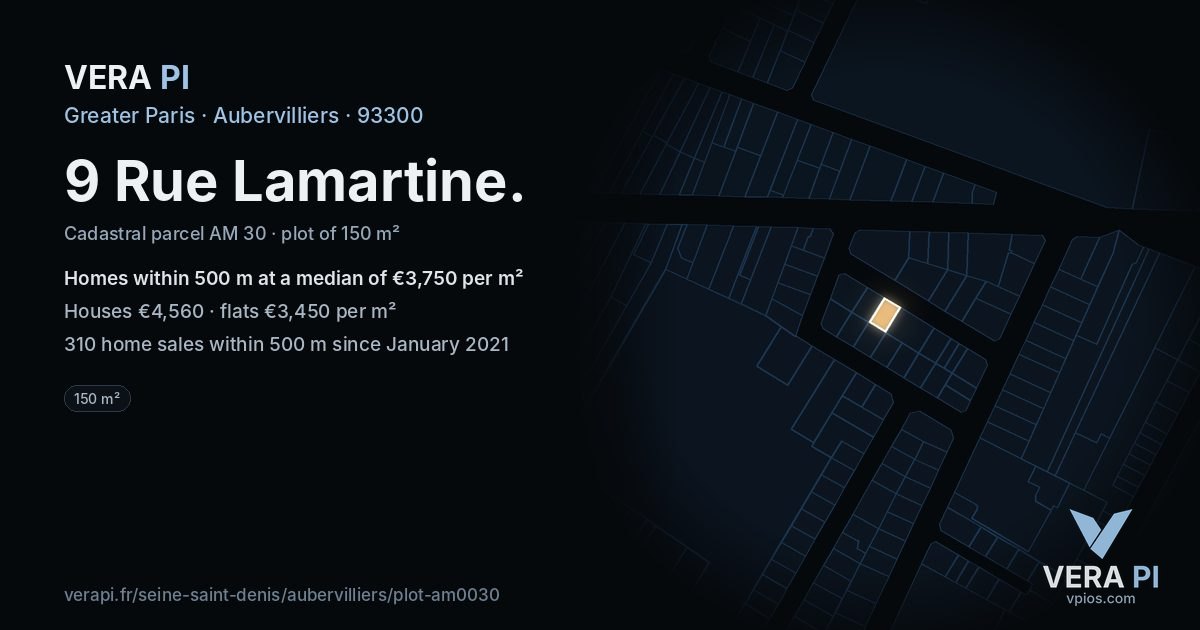 9 Rue Lamartine, Aubervilliers at night – the plot lit, the parcels around coloured by the prices near them