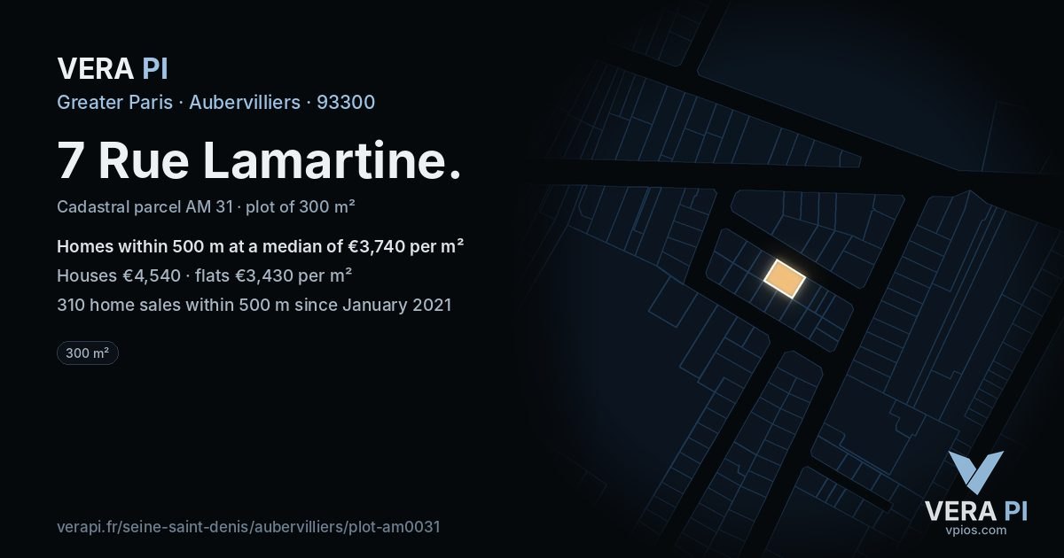 7 Rue Lamartine, Aubervilliers at night – the plot lit, the parcels around coloured by the prices near them