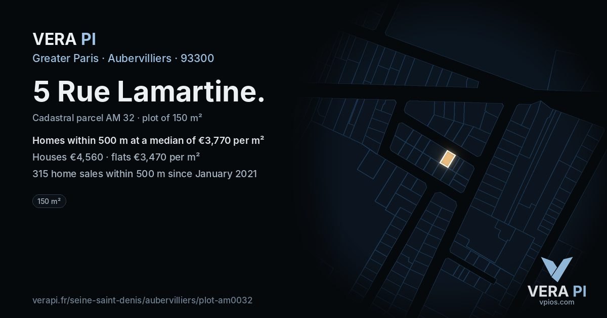 5 Rue Lamartine, Aubervilliers at night – the plot lit, the parcels around coloured by the prices near them