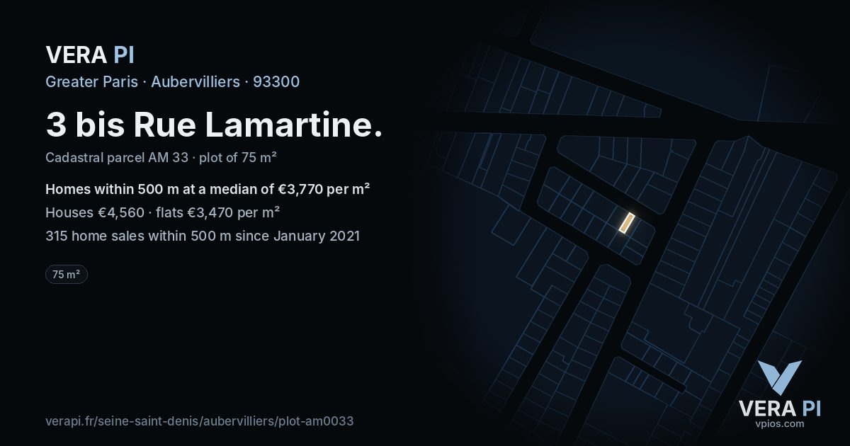 3 bis Rue Lamartine, Aubervilliers at night – the plot lit, the parcels around coloured by the prices near them