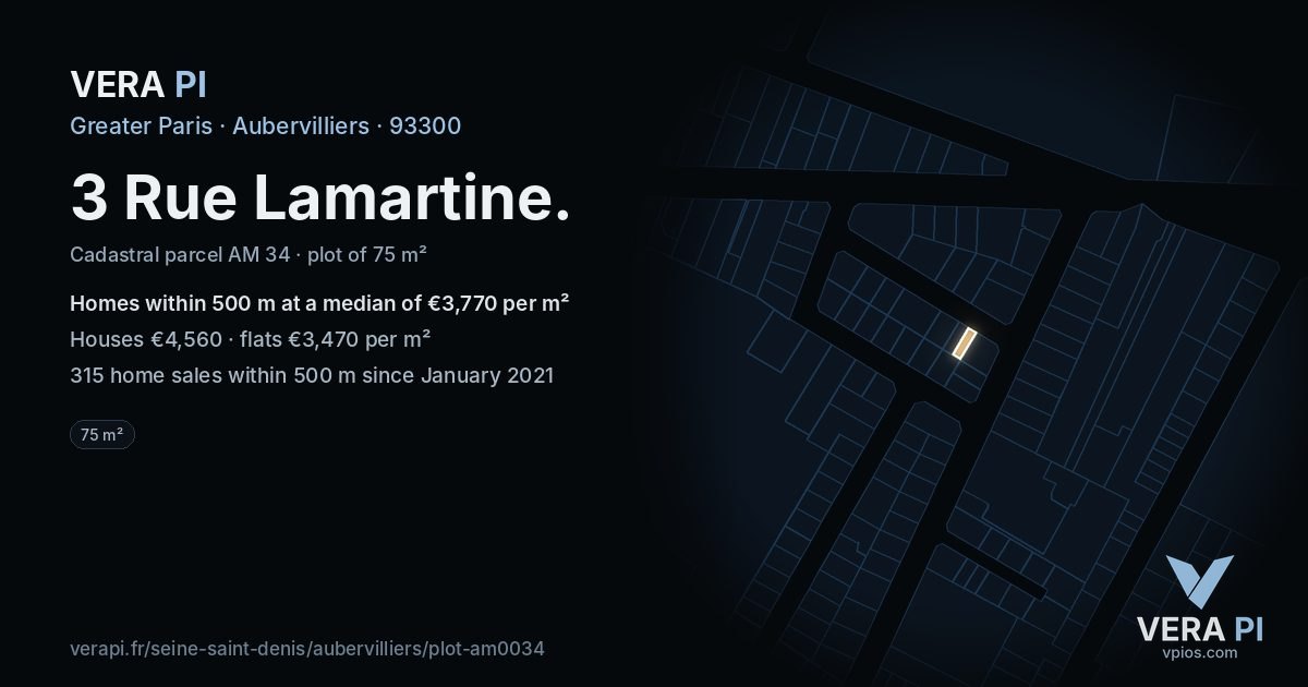 3 Rue Lamartine, Aubervilliers at night – the plot lit, the parcels around coloured by the prices near them