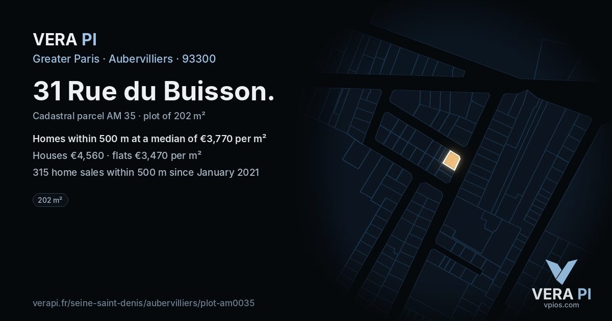 31 Rue du Buisson, Aubervilliers at night – the plot lit, the parcels around coloured by the prices near them