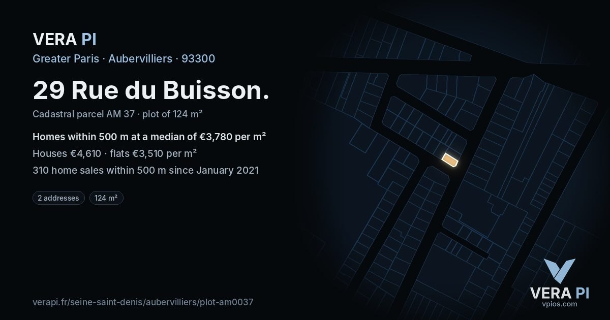 29 Rue du Buisson, Aubervilliers at night – the plot lit, the parcels around coloured by the prices near them