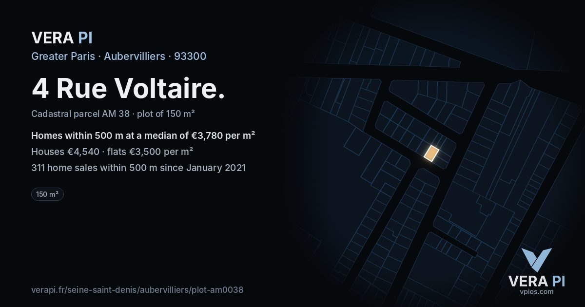 4 Rue Voltaire, Aubervilliers at night – the plot lit, the parcels around coloured by the prices near them