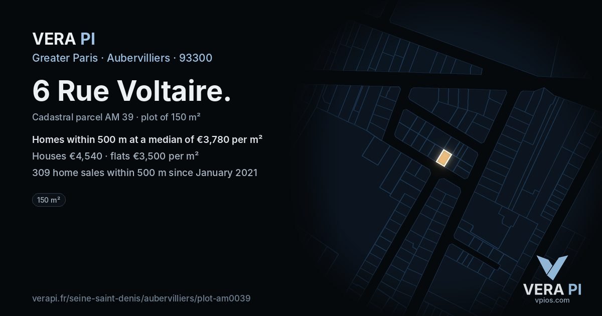 6 Rue Voltaire, Aubervilliers at night – the plot lit, the parcels around coloured by the prices near them