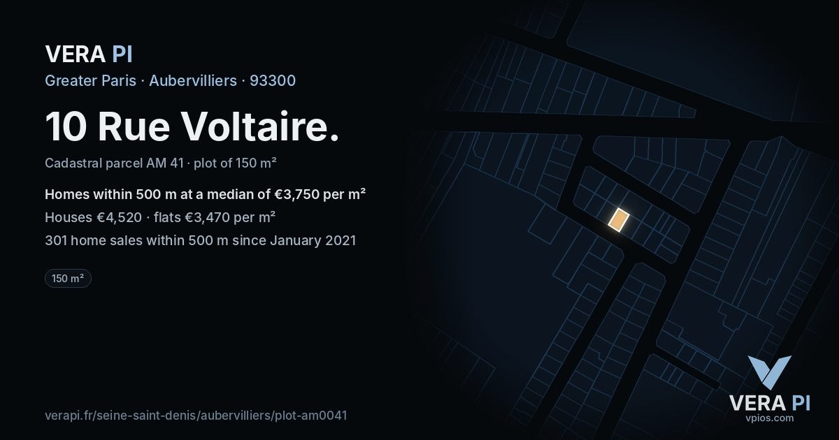 10 Rue Voltaire, Aubervilliers at night – the plot lit, the parcels around coloured by the prices near them