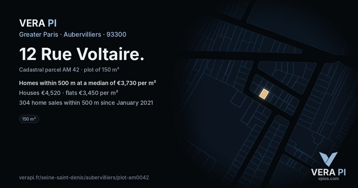 12 Rue Voltaire, Aubervilliers at night – the plot lit, the parcels around coloured by the prices near them