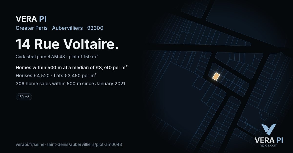 14 Rue Voltaire, Aubervilliers at night – the plot lit, the parcels around coloured by the prices near them