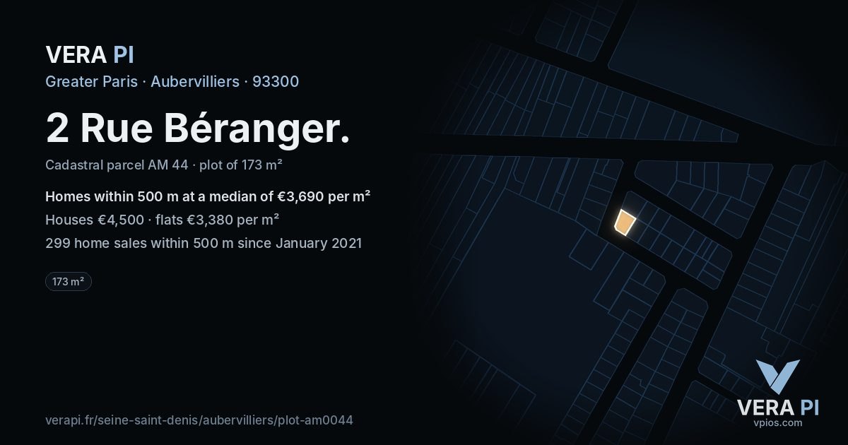 2 Rue Béranger, Aubervilliers at night – the plot lit, the parcels around coloured by the prices near them