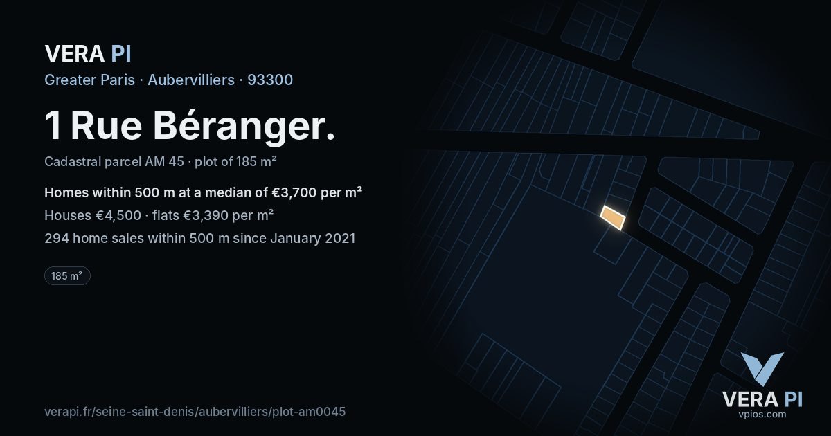 1 Rue Béranger, Aubervilliers at night – the plot lit, the parcels around coloured by the prices near them
