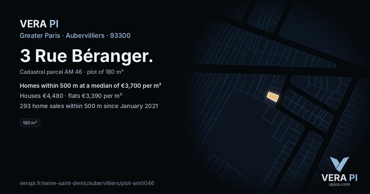 3 Rue Béranger, Aubervilliers at night – the plot lit, the parcels around coloured by the prices near them