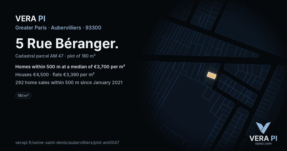 5 Rue Béranger, Aubervilliers at night – the plot lit, the parcels around coloured by the prices near them