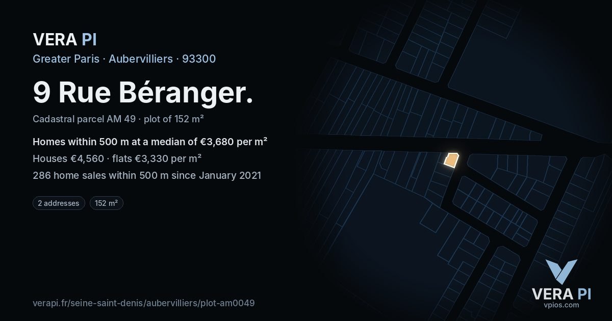 9 Rue Béranger, Aubervilliers at night – the plot lit, the parcels around coloured by the prices near them