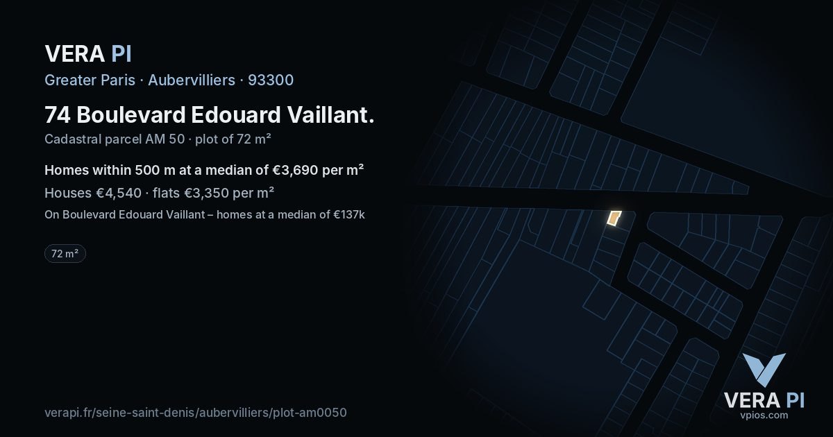 74 Boulevard Edouard Vaillant, Aubervilliers at night – the plot lit, the parcels around coloured by the prices near them