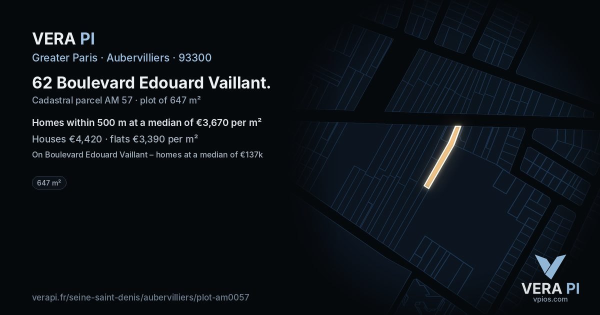 62 Boulevard Edouard Vaillant, Aubervilliers at night – the plot lit, the parcels around coloured by the prices near them