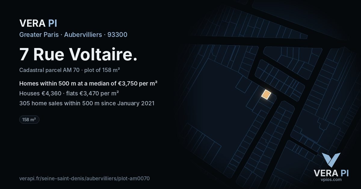 7 Rue Voltaire, Aubervilliers at night – the plot lit, the parcels around coloured by the prices near them