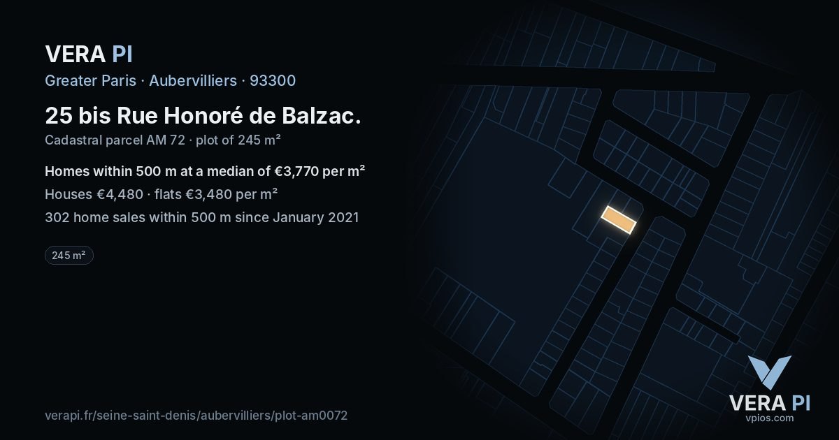 25 bis Rue Honoré de Balzac, Aubervilliers at night – the plot lit, the parcels around coloured by the prices near them
