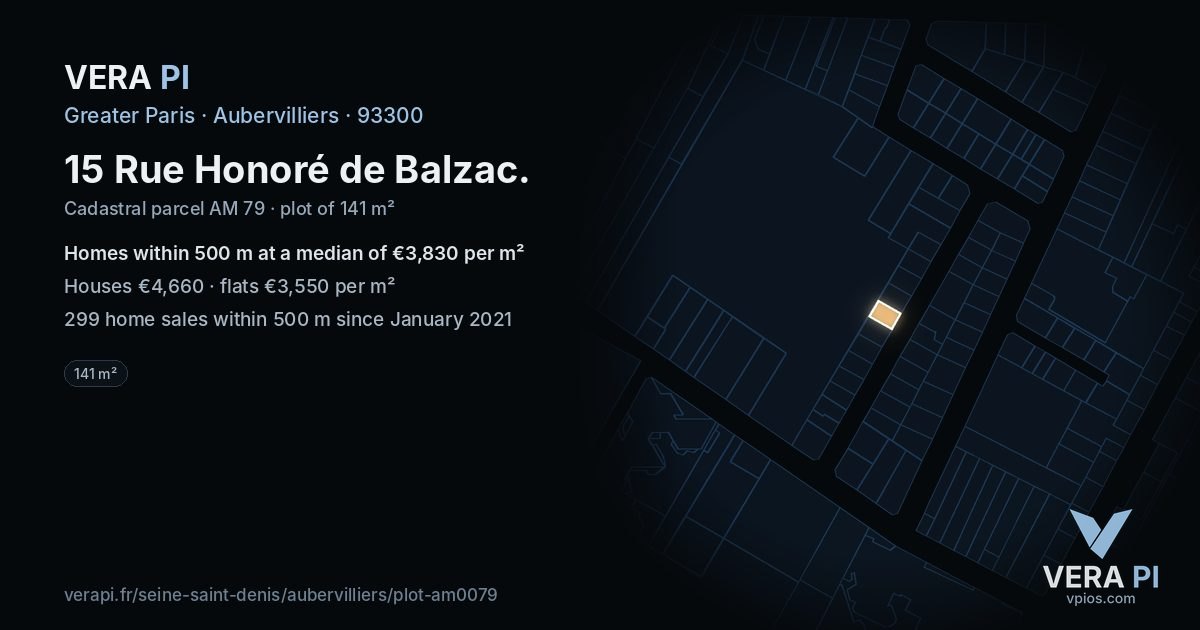15 Rue Honoré de Balzac, Aubervilliers at night – the plot lit, the parcels around coloured by the prices near them