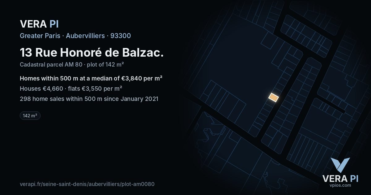 13 Rue Honoré de Balzac, Aubervilliers at night – the plot lit, the parcels around coloured by the prices near them