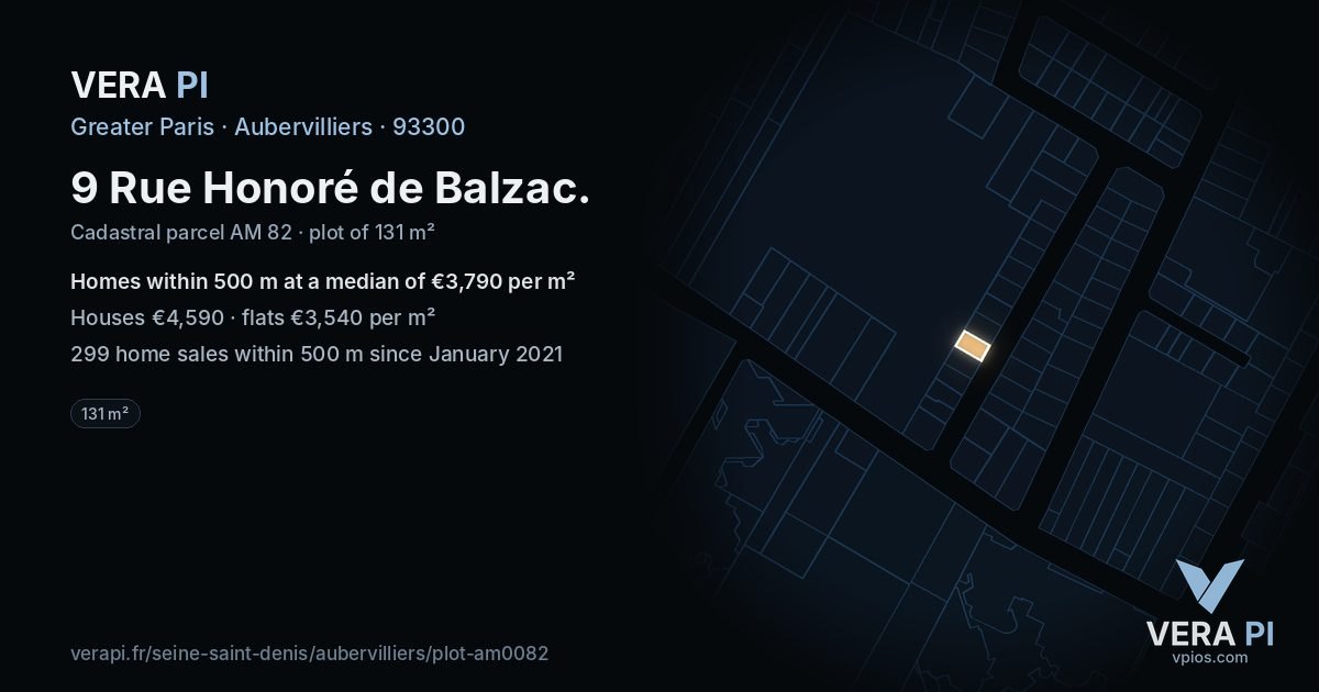 9 Rue Honoré de Balzac, Aubervilliers at night – the plot lit, the parcels around coloured by the prices near them