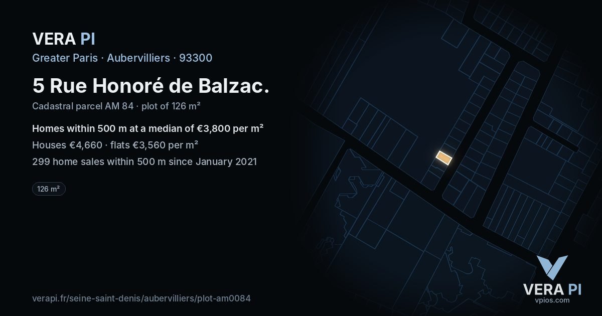 5 Rue Honoré de Balzac, Aubervilliers at night – the plot lit, the parcels around coloured by the prices near them