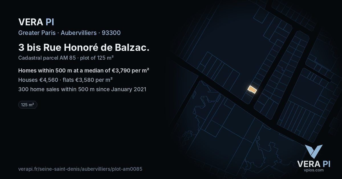 3 bis Rue Honoré de Balzac, Aubervilliers at night – the plot lit, the parcels around coloured by the prices near them