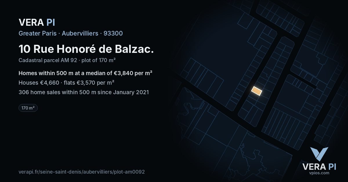 10 Rue Honoré de Balzac, Aubervilliers at night – the plot lit, the parcels around coloured by the prices near them