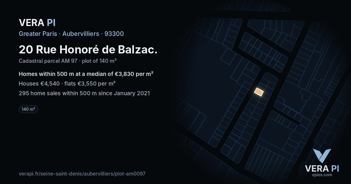 20 Rue Honoré de Balzac, Aubervilliers at night – the plot lit, the parcels around coloured by the prices near them
