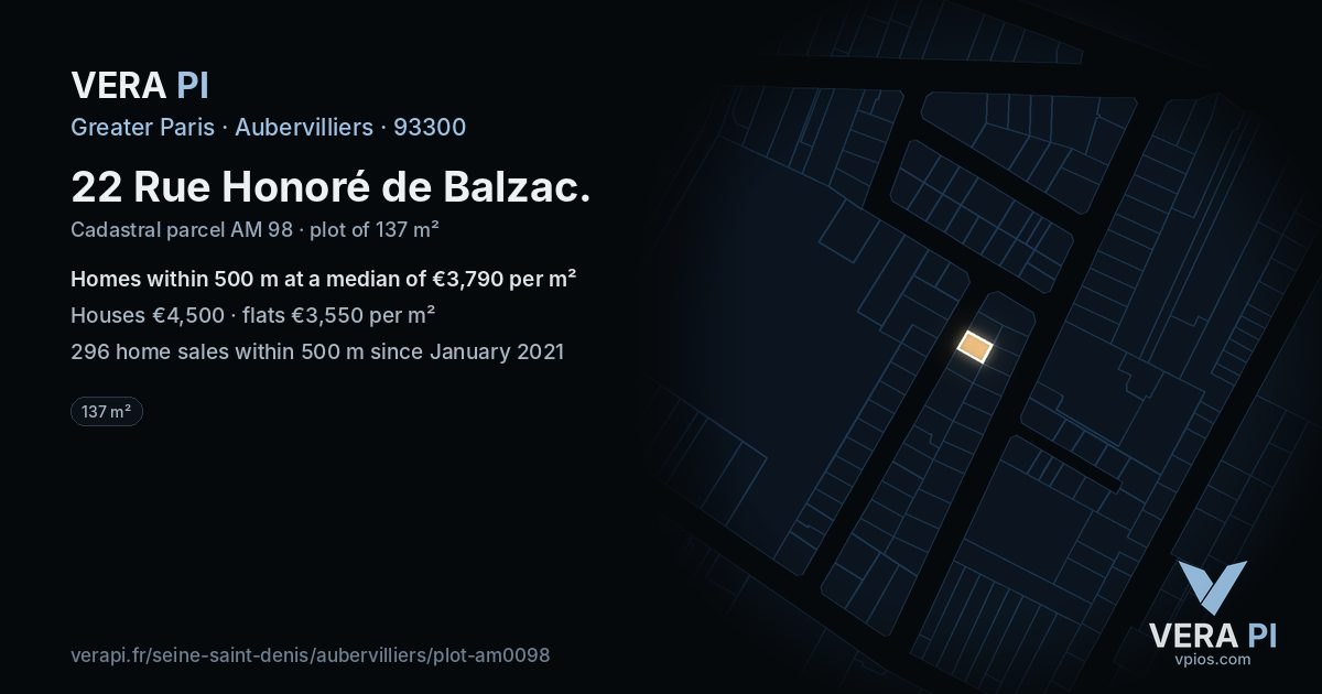22 Rue Honoré de Balzac, Aubervilliers at night – the plot lit, the parcels around coloured by the prices near them