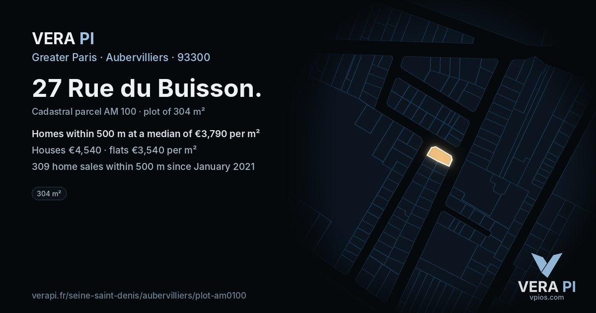 27 Rue du Buisson, Aubervilliers at night – the plot lit, the parcels around coloured by the prices near them