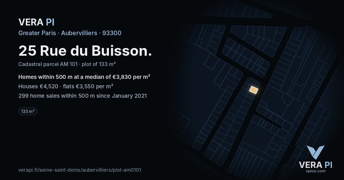 25 Rue du Buisson, Aubervilliers at night – the plot lit, the parcels around coloured by the prices near them