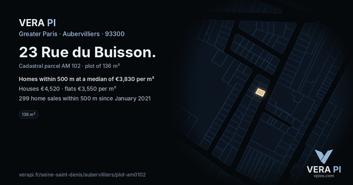 23 Rue du Buisson, Aubervilliers at night – the plot lit, the parcels around coloured by the prices near them