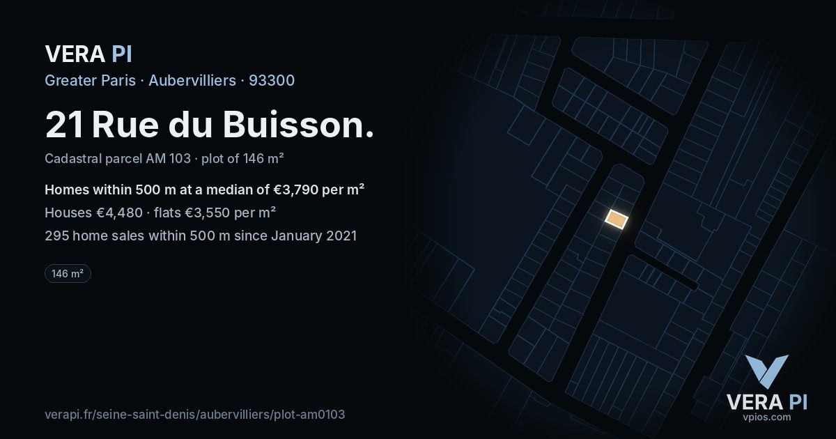 21 Rue du Buisson, Aubervilliers at night – the plot lit, the parcels around coloured by the prices near them