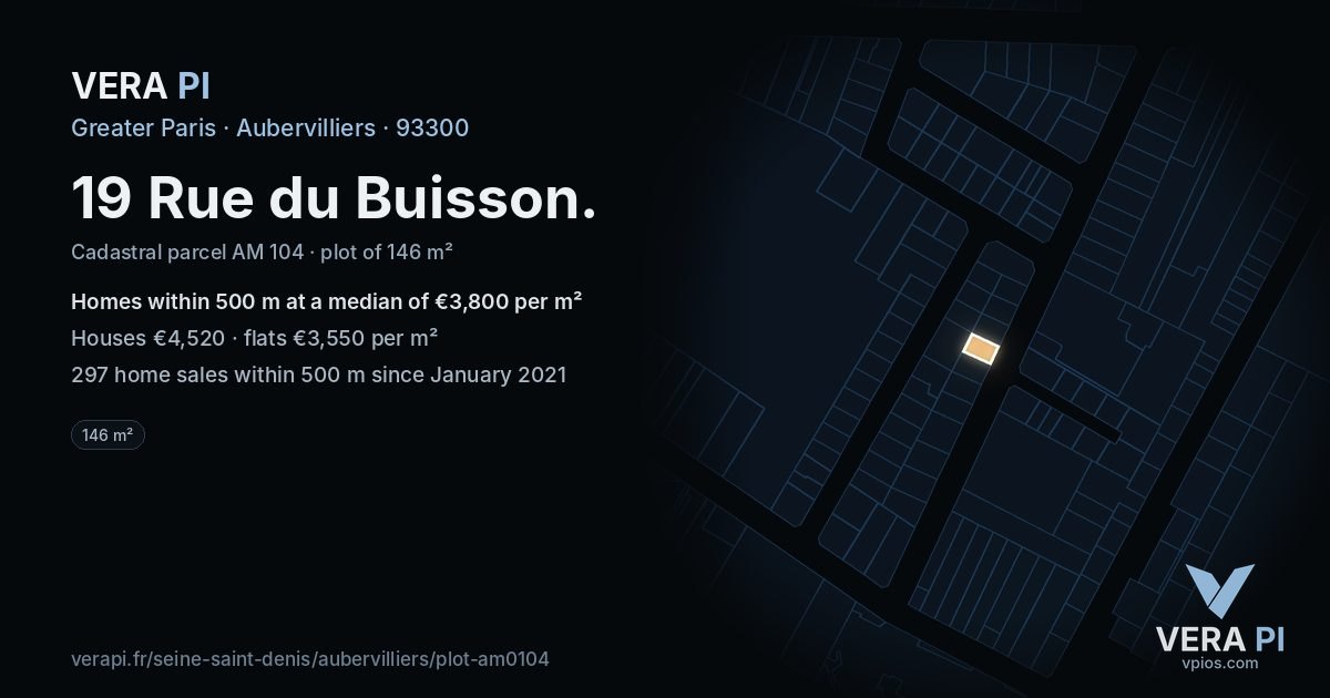 19 Rue du Buisson, Aubervilliers at night – the plot lit, the parcels around coloured by the prices near them