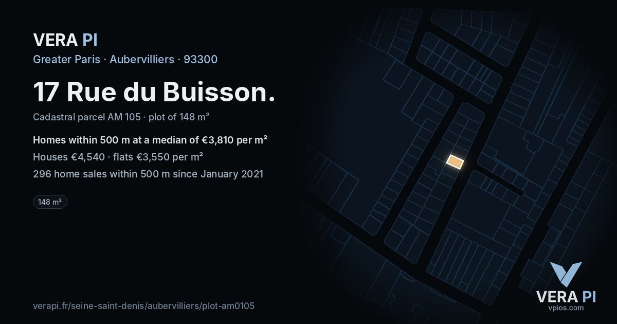 17 Rue du Buisson, Aubervilliers at night – the plot lit, the parcels around coloured by the prices near them