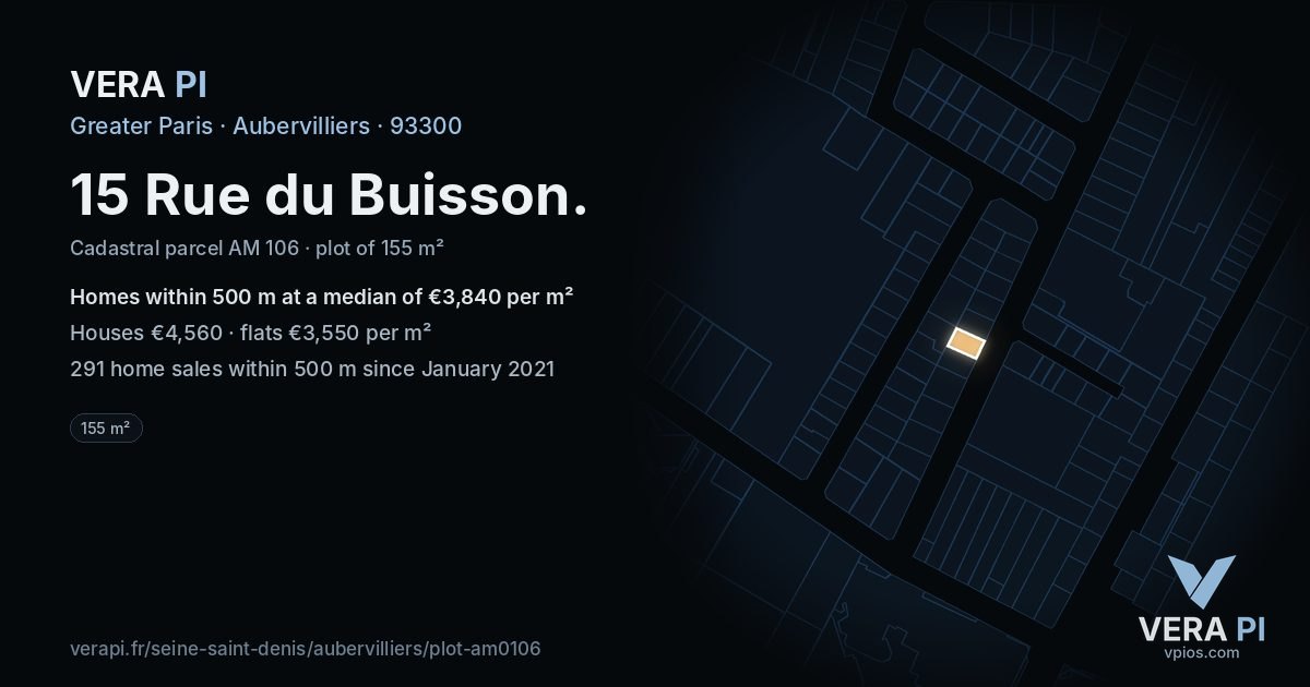 15 Rue du Buisson, Aubervilliers at night – the plot lit, the parcels around coloured by the prices near them