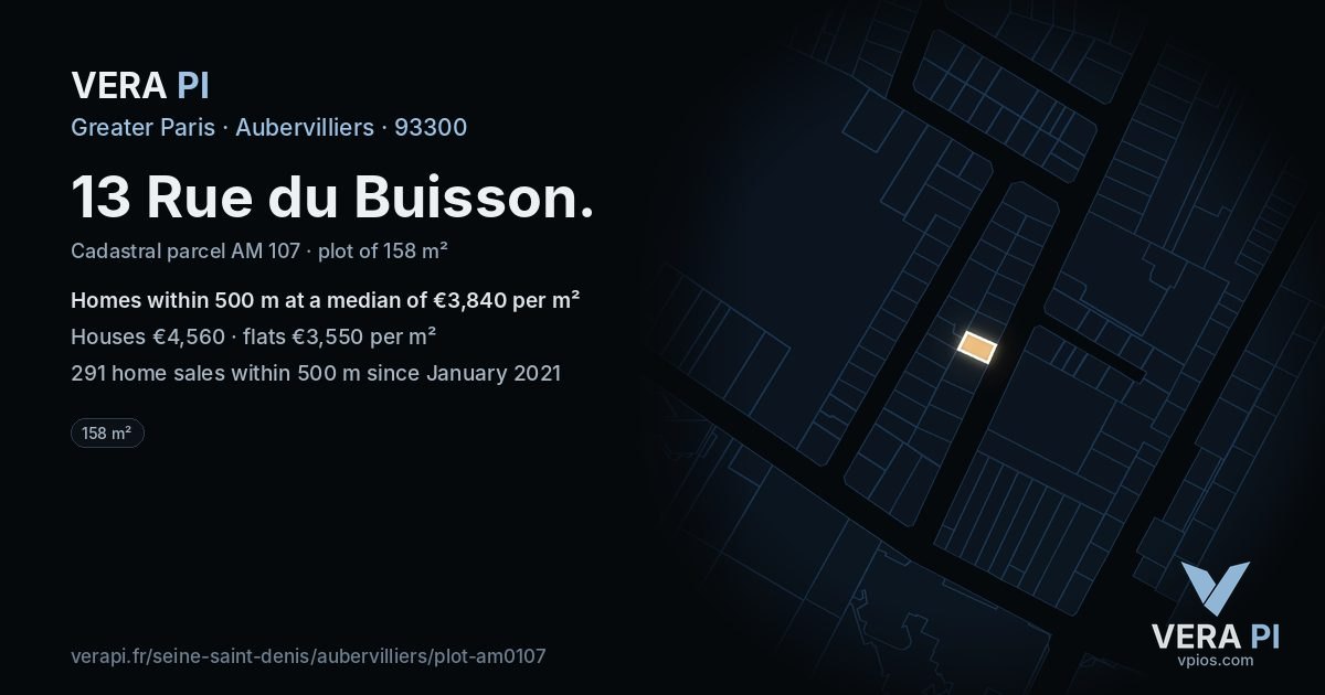 13 Rue du Buisson, Aubervilliers at night – the plot lit, the parcels around coloured by the prices near them