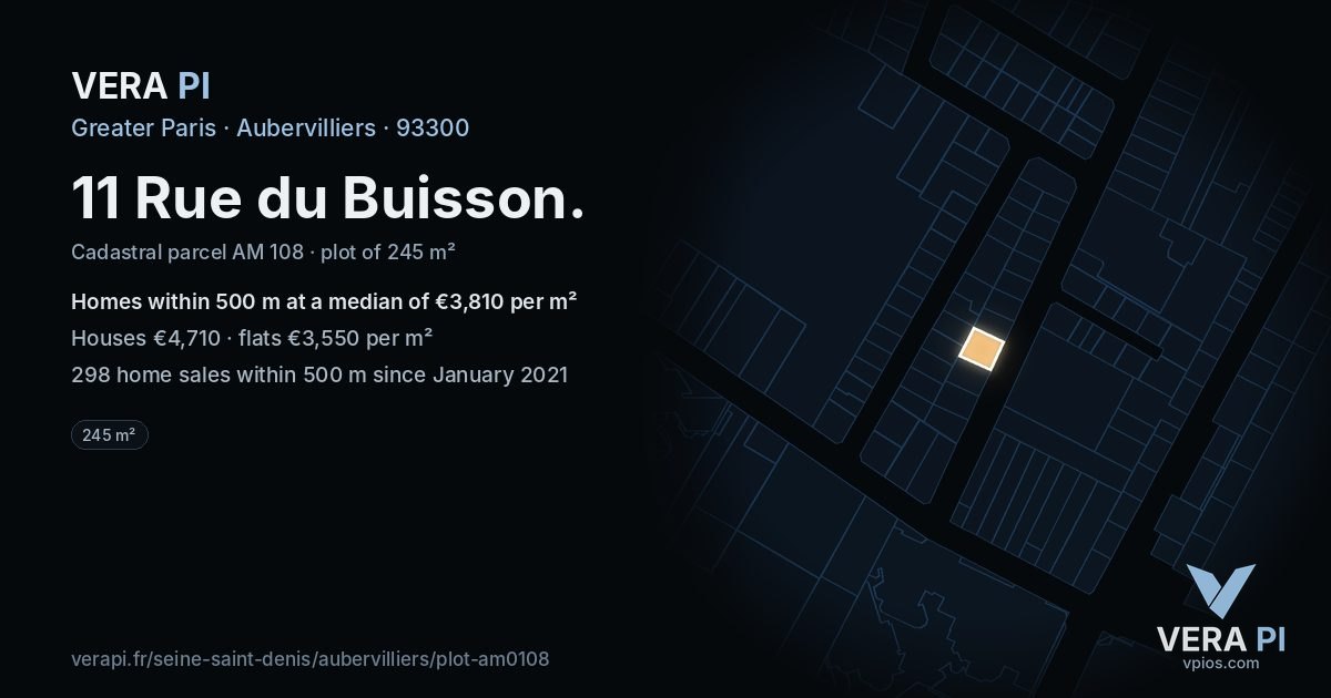 11 Rue du Buisson, Aubervilliers at night – the plot lit, the parcels around coloured by the prices near them