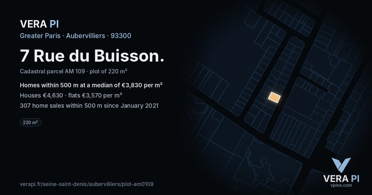7 Rue du Buisson, Aubervilliers at night – the plot lit, the parcels around coloured by the prices near them