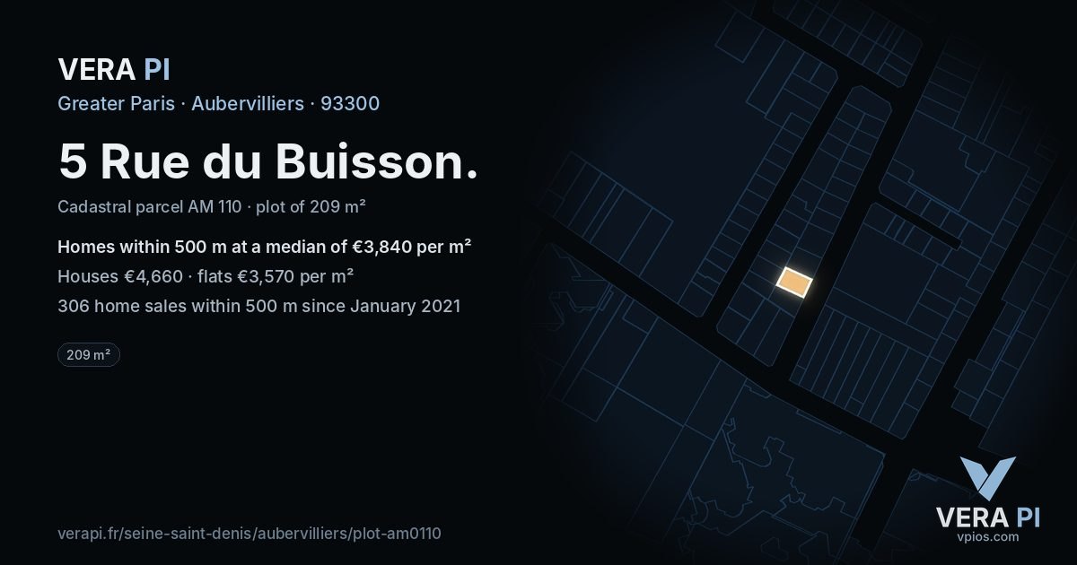 5 Rue du Buisson, Aubervilliers at night – the plot lit, the parcels around coloured by the prices near them