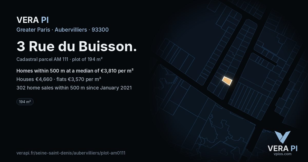 3 Rue du Buisson, Aubervilliers at night – the plot lit, the parcels around coloured by the prices near them